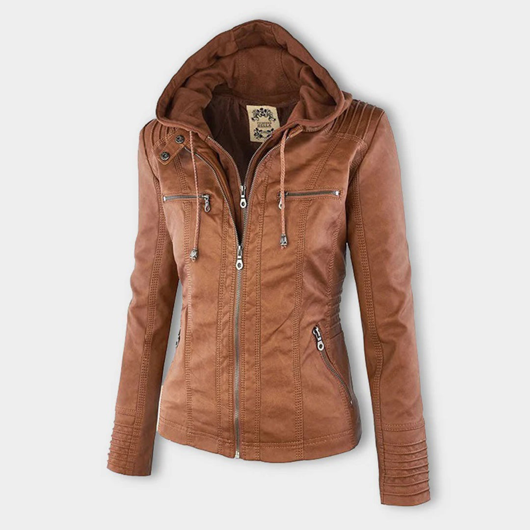 Vegan Leather Women's Jacket with Removable Hood and Thermal Lining