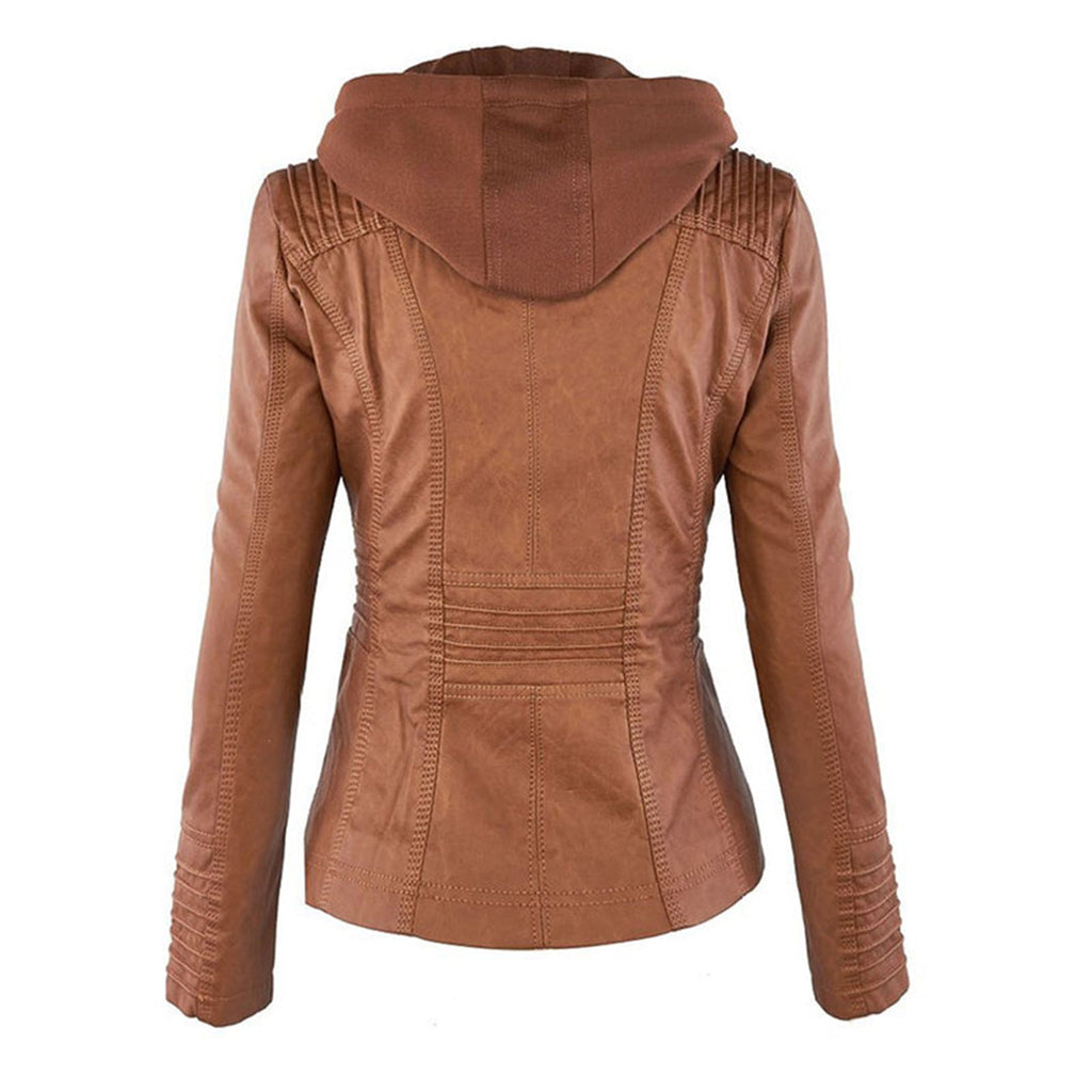 Vegan Leather Women's Jacket with Removable Hood and Thermal Lining