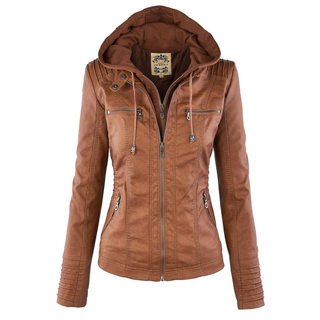 Vegan Leather Women's Jacket with Removable Hood and Thermal Lining