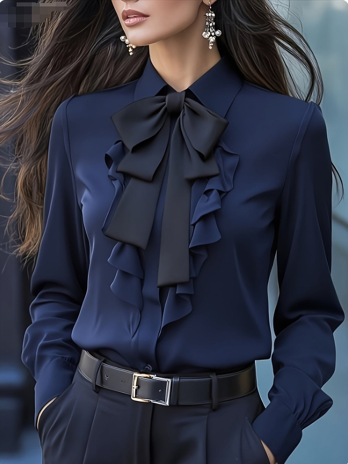 Long Sleeve Women's Blouse with Bow and Ruffle Detail for a Polished Look
