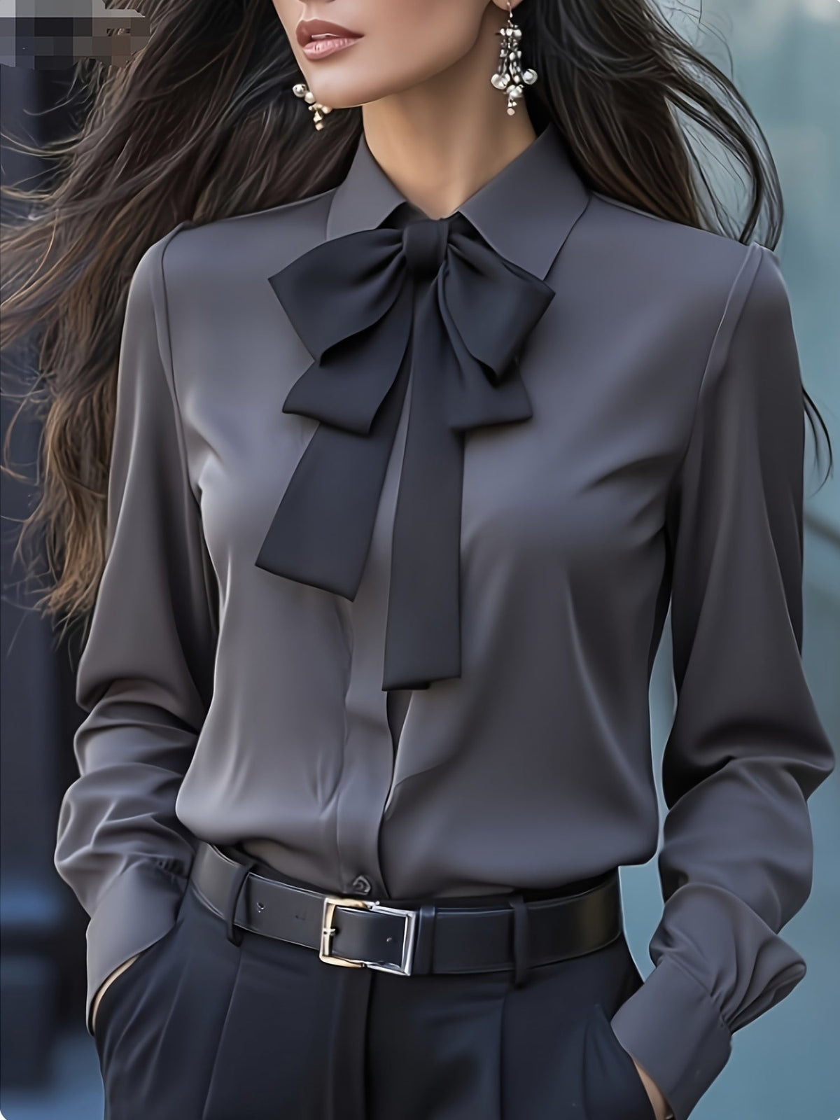 Long Sleeve Women's Blouse with Bow and Ruffle Detail for a Polished Look