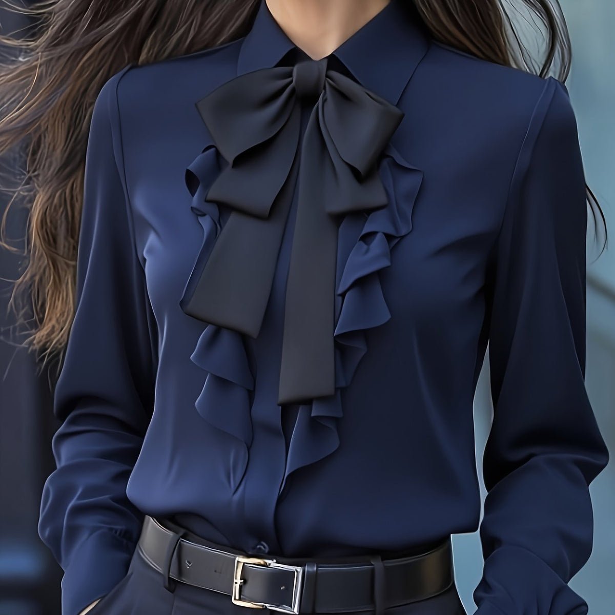 Long Sleeve Women's Blouse with Bow and Ruffle Detail for a Polished Look