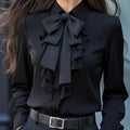 Long Sleeve Women's Blouse with Bow and Ruffle Detail for a Polished Look