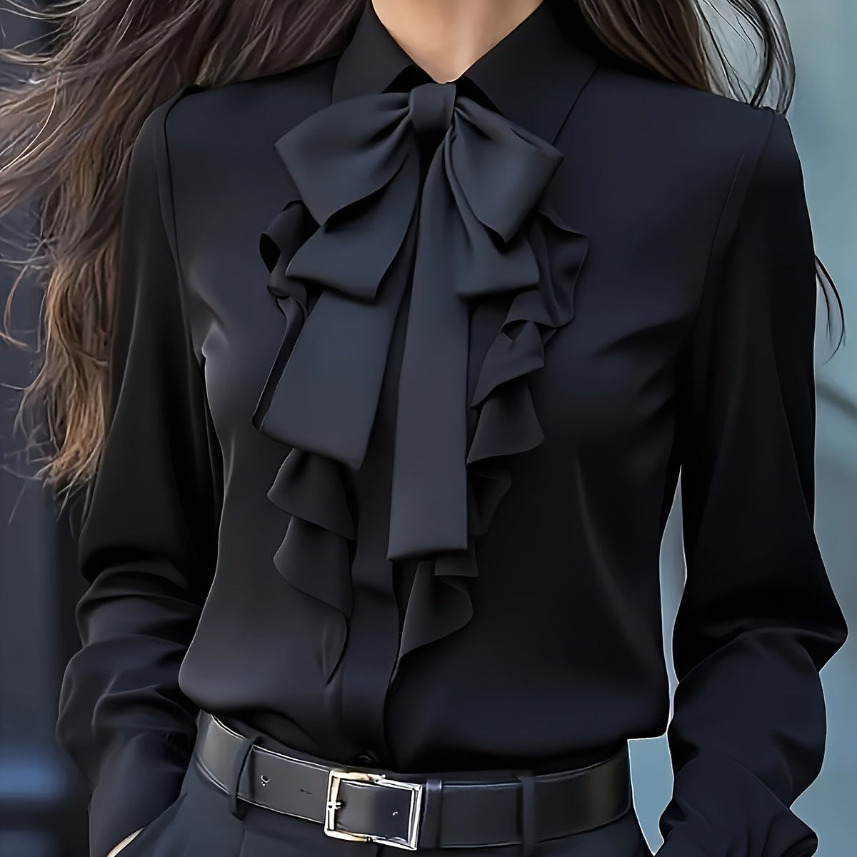 Long Sleeve Women's Blouse with Bow and Ruffle Detail for a Polished Look
