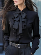 Long Sleeve Women's Blouse with Bow and Ruffle Detail for a Polished Look