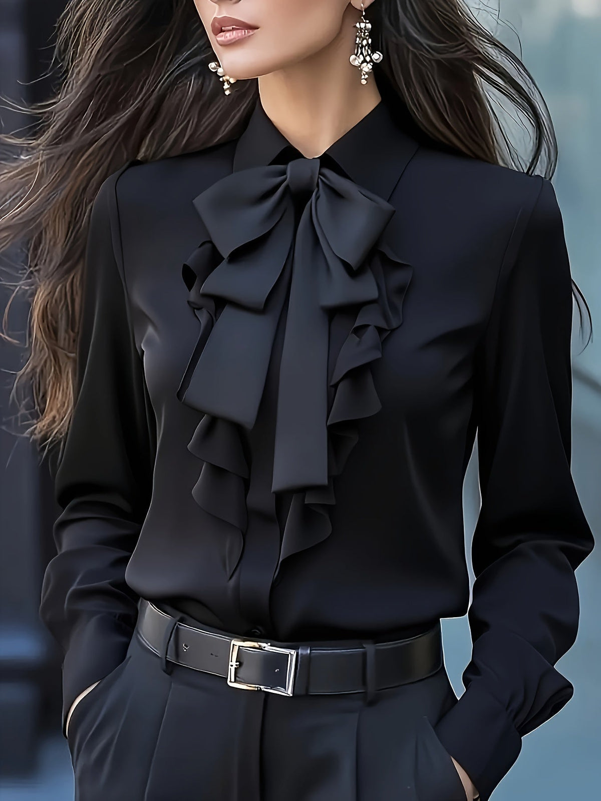Long Sleeve Women's Blouse with Bow and Ruffle Detail for a Polished Look
