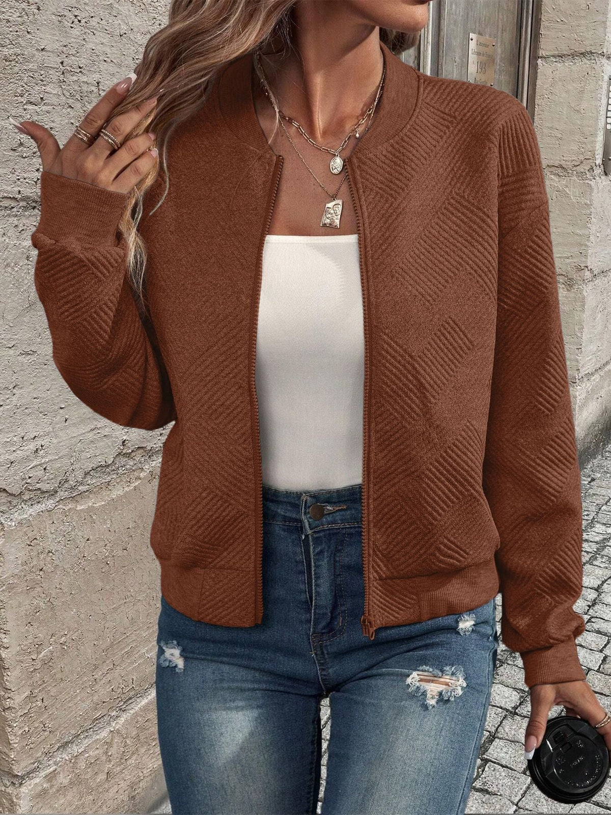 Women's Cardigan with Zip Front and Textured Pattern