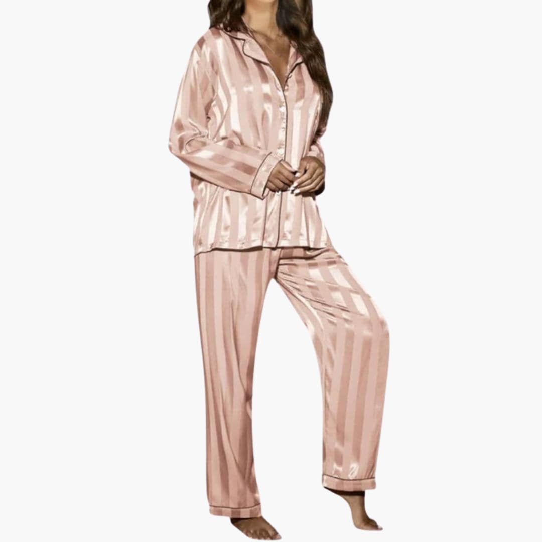 Two-Piece Women's Pajama Set with Buttoned Collar Top and Elastic Waist Pants