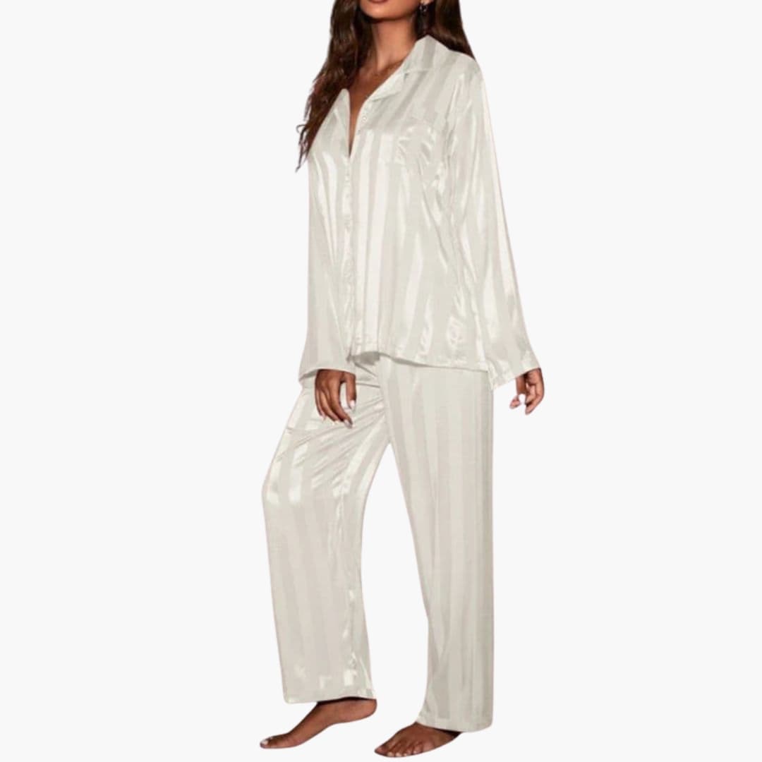 Two-Piece Women's Pajama Set with Buttoned Collar Top and Elastic Waist Pants
