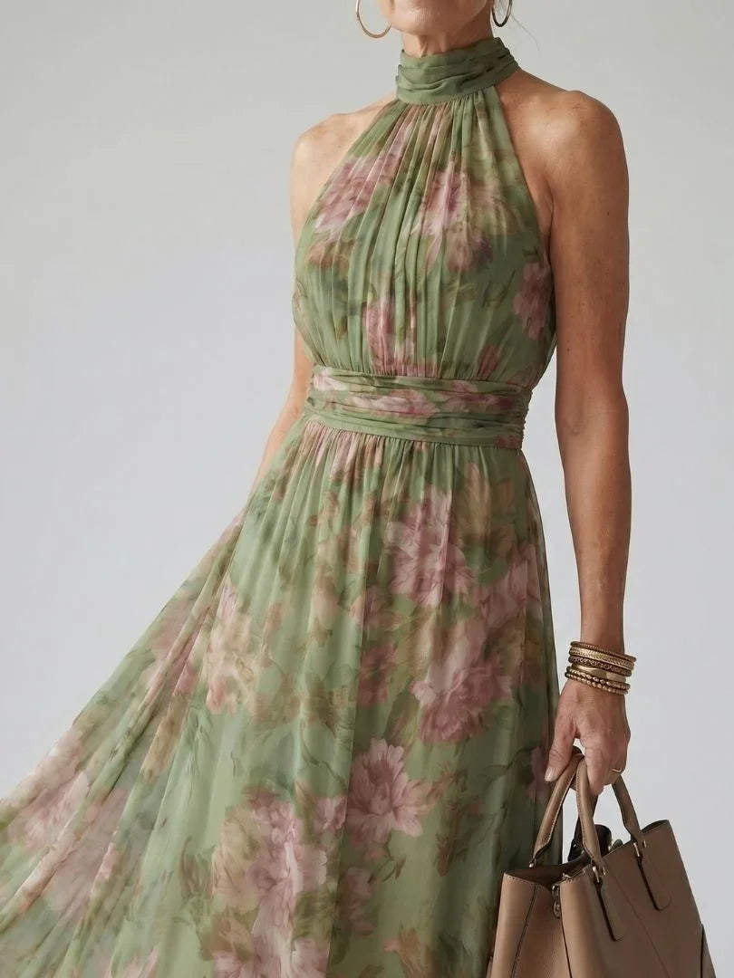 Gathered Halter Neck Floral Midi Dress