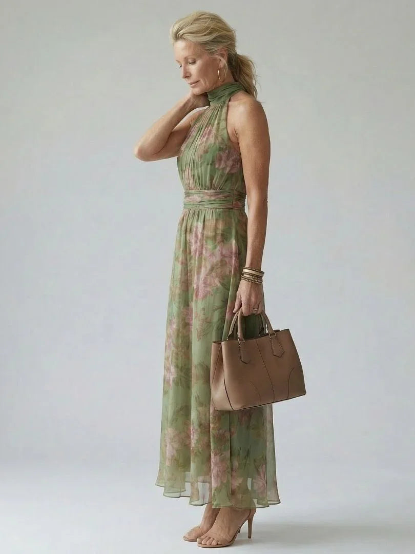 Gathered Halter Neck Floral Midi Dress