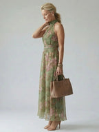 Gathered Halter Neck Floral Midi Dress