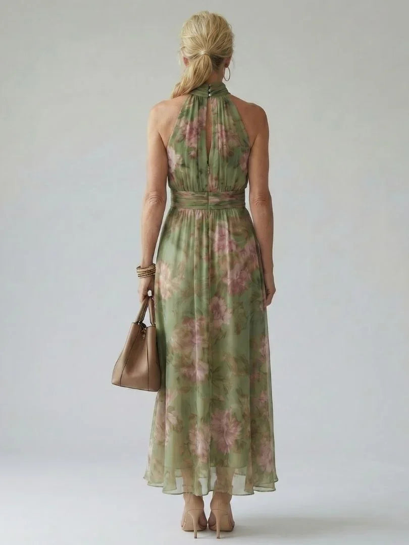 Gathered Halter Neck Floral Midi Dress