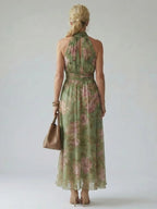 Gathered Halter Neck Floral Midi Dress