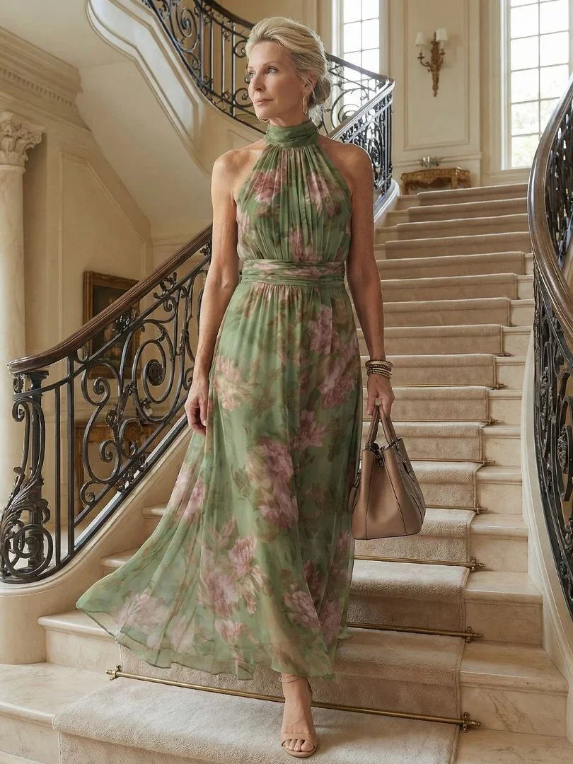 Gathered Halter Neck Floral Midi Dress