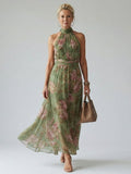 Gathered Halter Neck Midi Dress in Floral Print