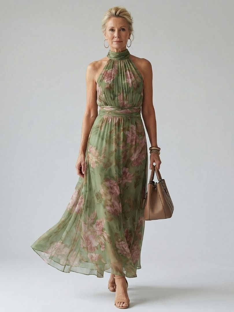 Gathered Halter Neck Midi Dress in Floral Print
