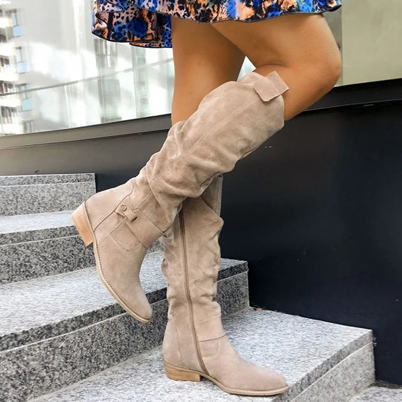 Women's Perforated Faux Suede Knee-High Boots with Low Block Heel