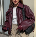Faux Leather Bomber Jacket for Women – Oversized Fit with Classic Collar and Zip Closure