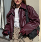 Faux Leather Bomber Jacket for Women – Oversized Fit with Classic Collar and Zip Closure
