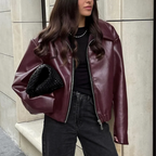 Faux Leather Bomber Jacket for Women – Oversized Fit with Classic Collar and Zip Closure