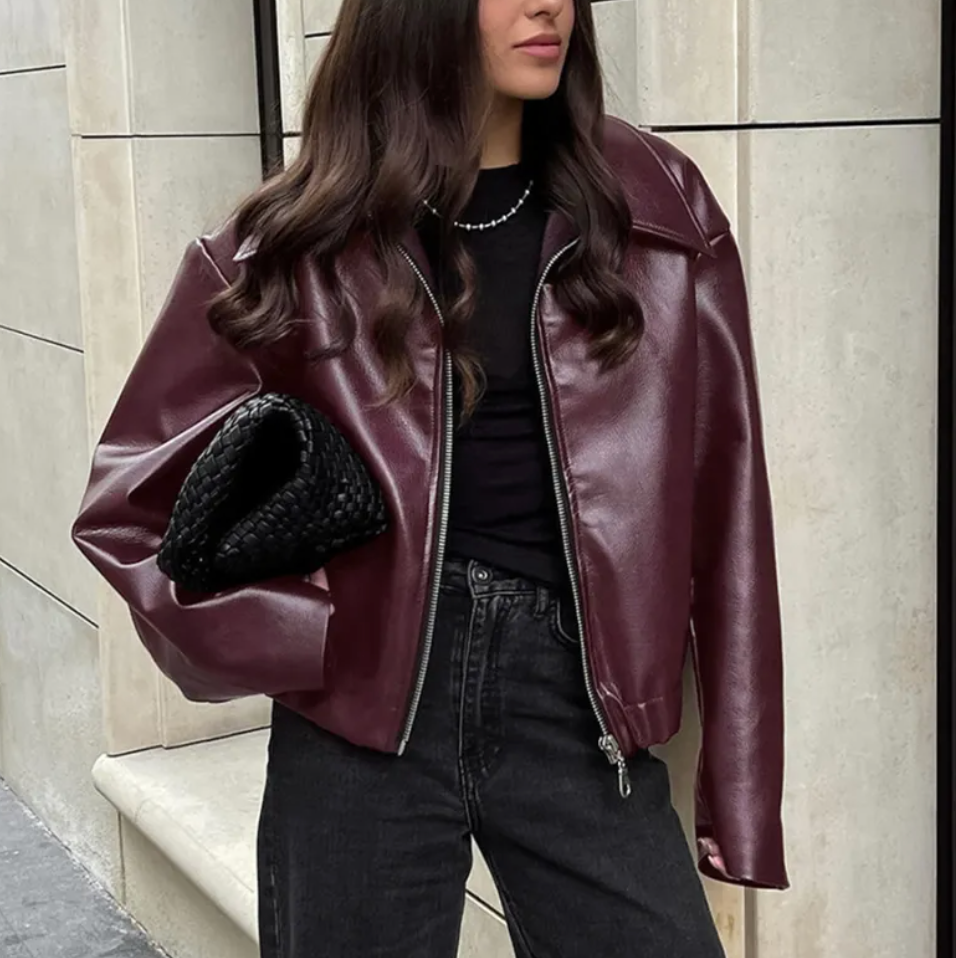 Faux Leather Bomber Jacket for Women – Oversized Fit with Classic Collar and Zip Closure