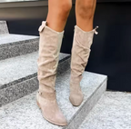 Women's Perforated Faux Suede Knee-High Boots with Low Block Heel
