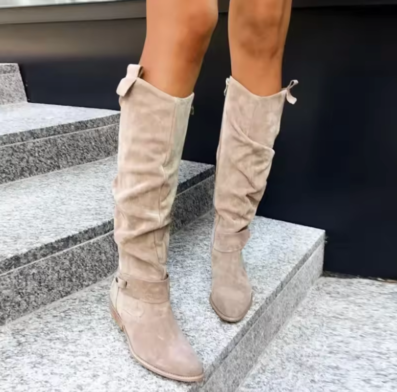 Women's Perforated Faux Suede Knee-High Boots with Low Block Heel
