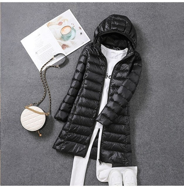 Hooded Full-Length Women's Down Jacket with Detachable Hood for Winter Warmth