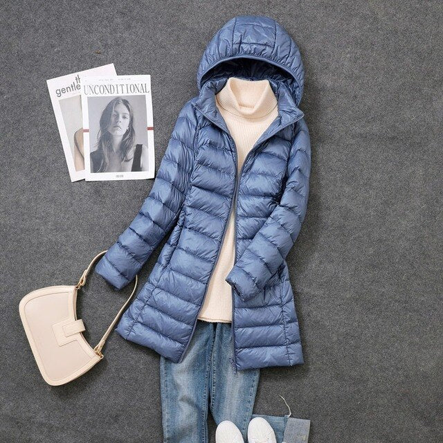 Hooded Full-Length Women's Down Jacket with Detachable Hood for Winter Warmth