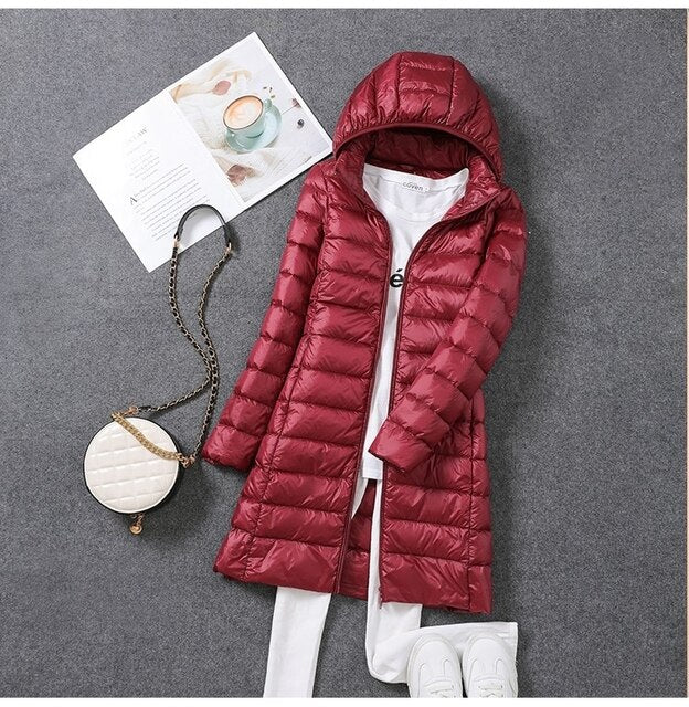 Hooded Full-Length Women's Down Jacket with Detachable Hood for Winter Warmth