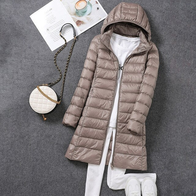Hooded Full-Length Women's Down Jacket with Detachable Hood for Winter Warmth