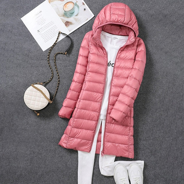 Hooded Full-Length Women's Down Jacket with Detachable Hood for Winter Warmth