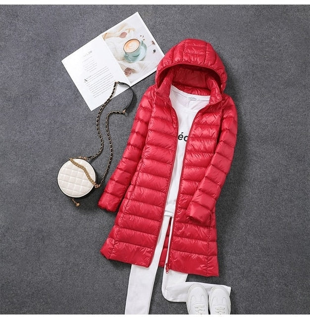 Hooded Full-Length Women's Down Jacket with Detachable Hood for Winter Warmth