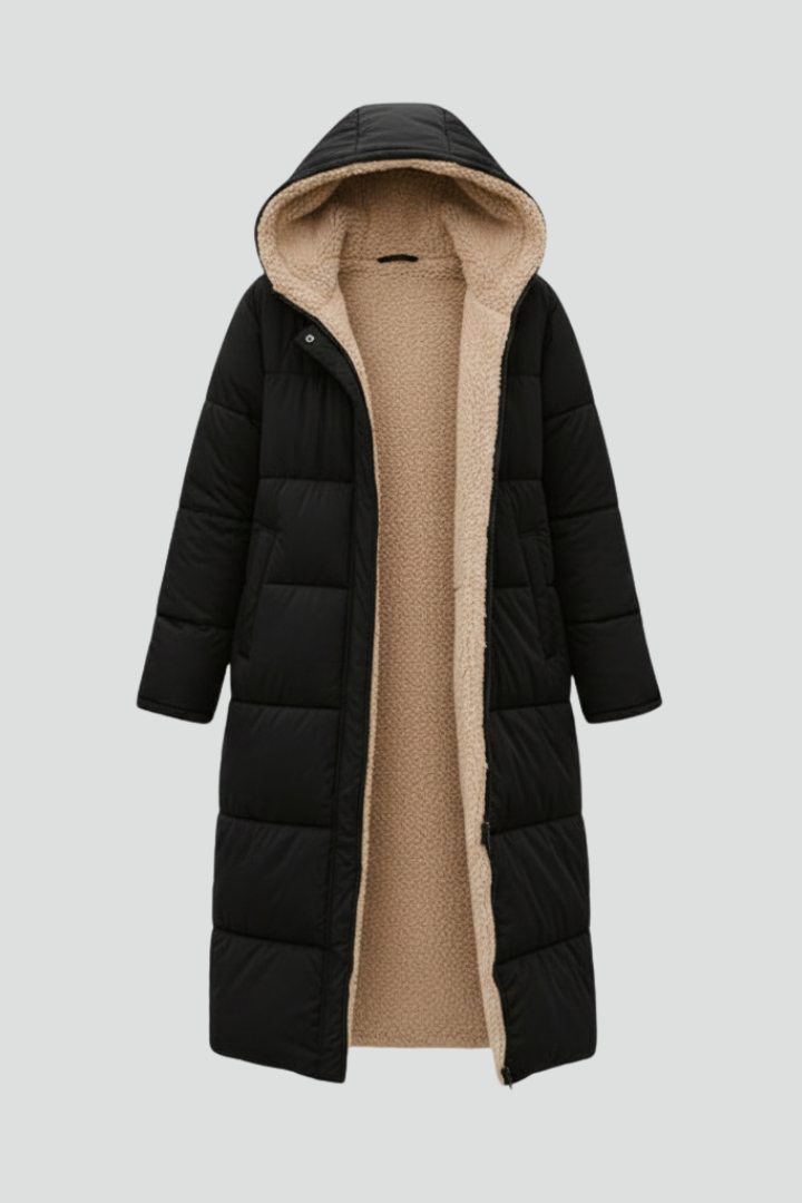 Women's Quilted Long Coat with Fixed Hood and Zip Closure