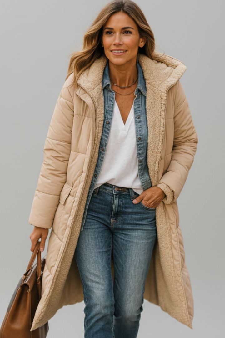 Women's Quilted Long Coat with Fixed Hood and Zip Closure