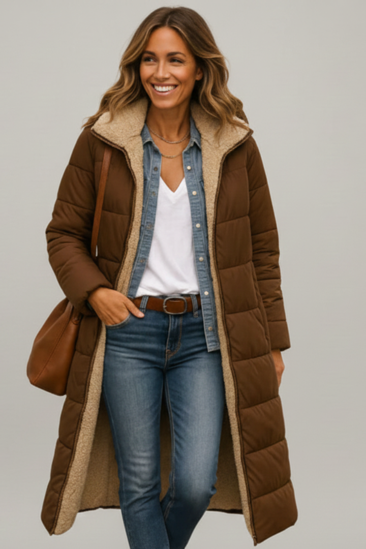 Women's Quilted Long Coat with Fixed Hood and Zip Closure