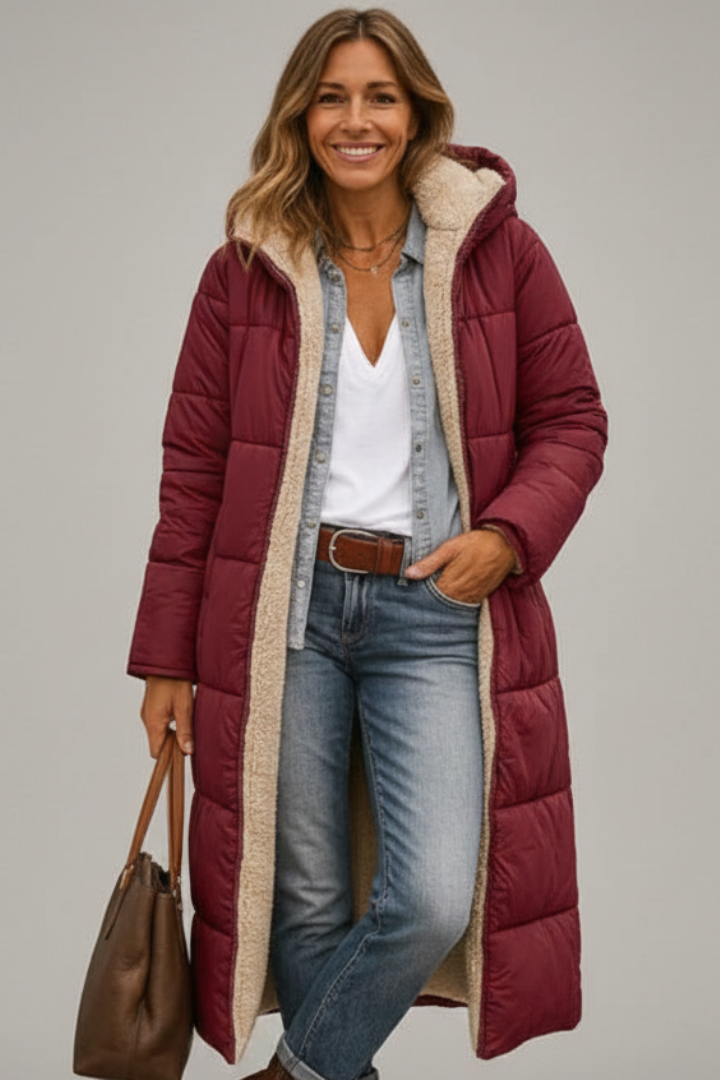 Women's Quilted Long Coat with Fixed Hood and Zip Closure