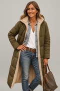 Women's Quilted Long Coat with Fixed Hood and Zip Closure