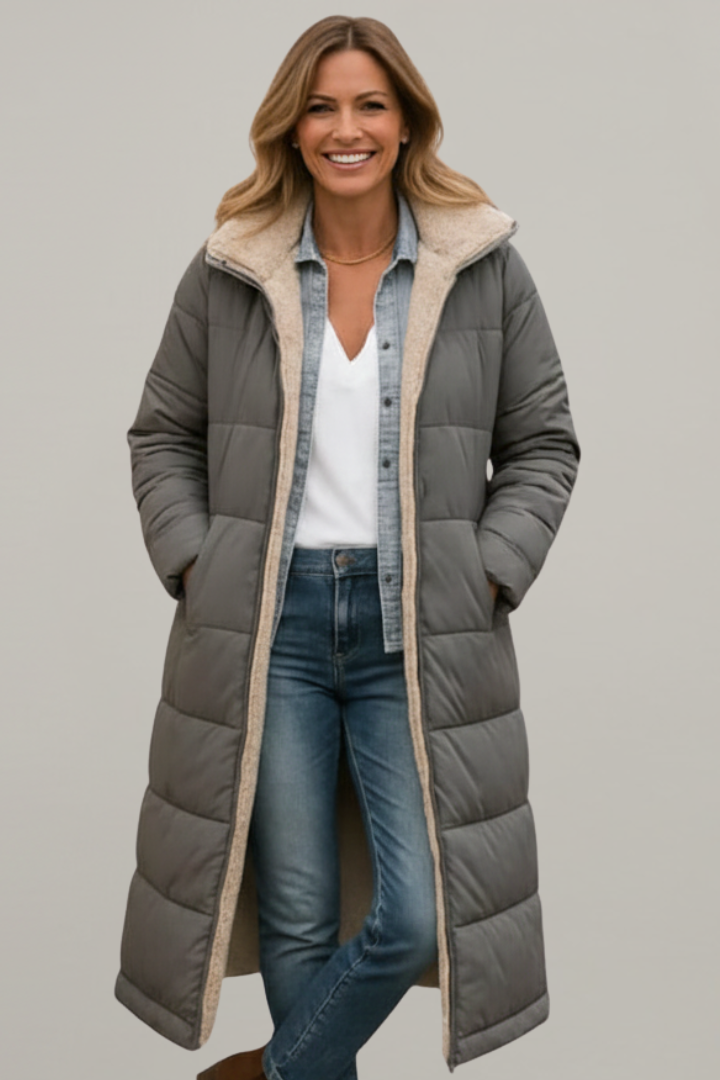 Women's Quilted Long Coat with Fixed Hood and Zip Closure