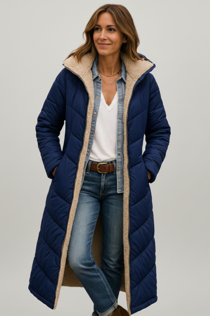 Women's Quilted Long Coat with Fixed Hood and Zip Closure