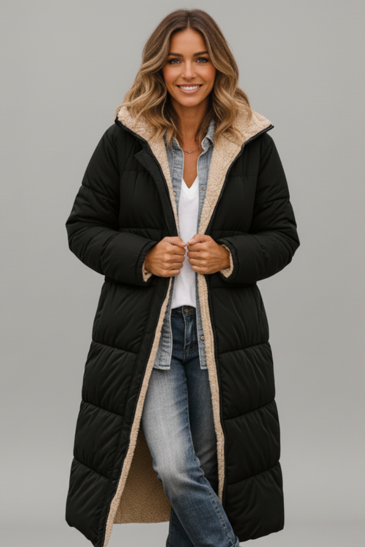 Women's Quilted Long Coat with Fixed Hood and Zip Closure