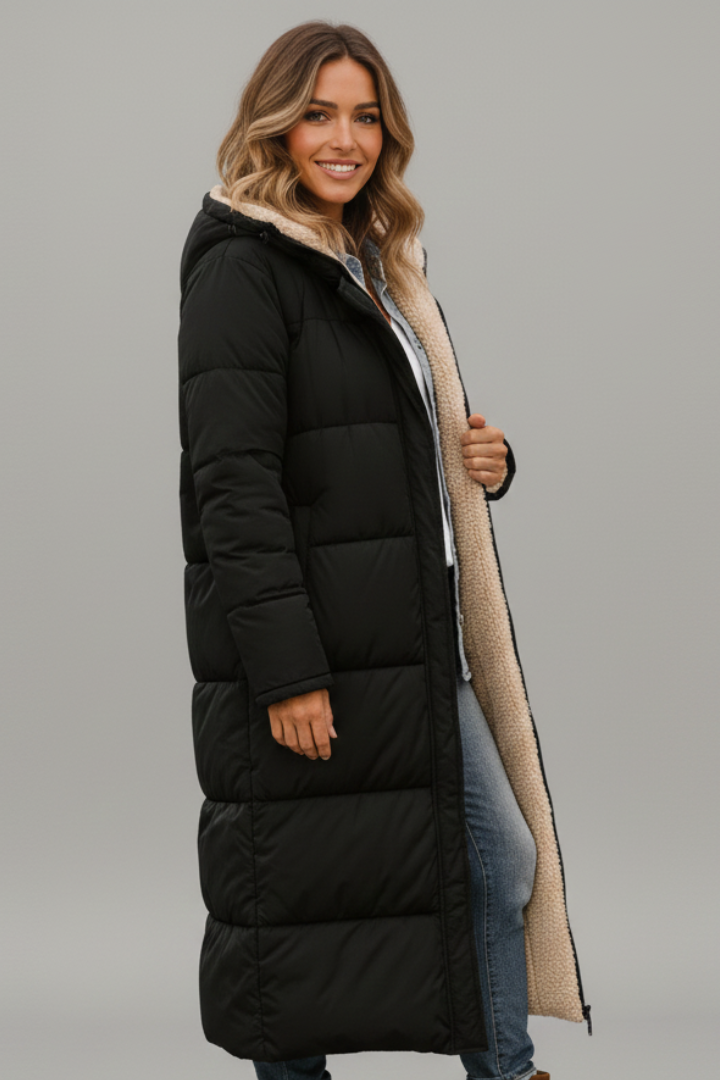 Women's Quilted Long Coat with Fixed Hood and Zip Closure