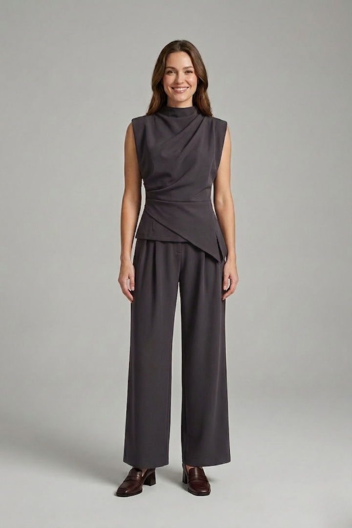 Women’s Two-Piece Set with Sleeveless Round Neck Top and Straight Leg Trousers