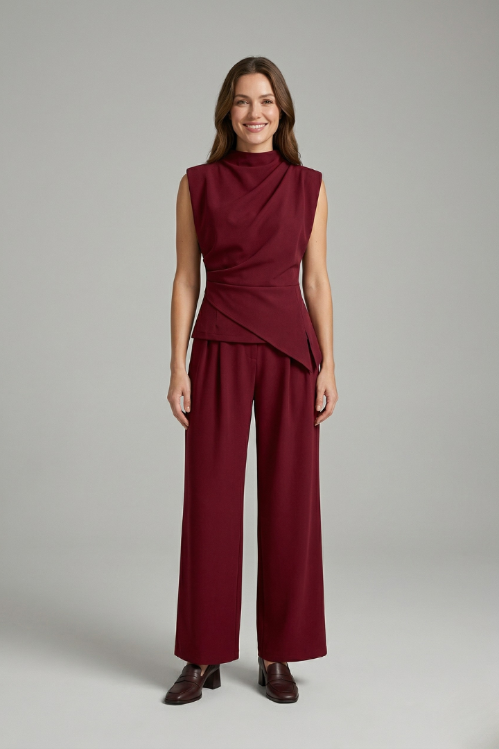 Women’s Two-Piece Set with Sleeveless Round Neck Top and Straight Leg Trousers
