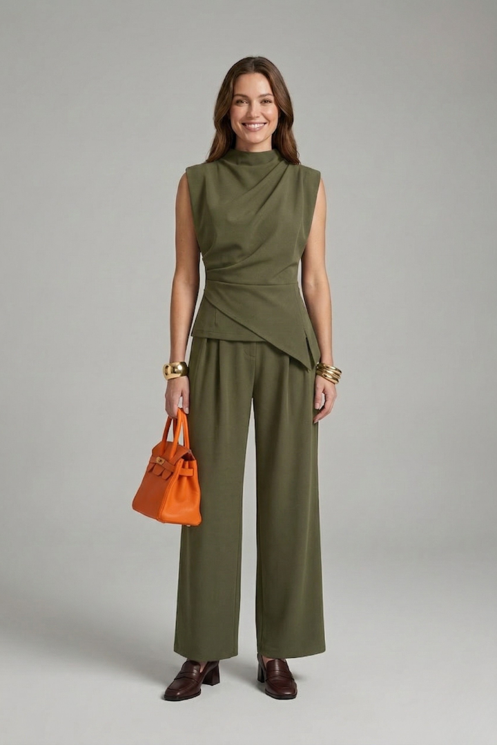 Women’s Two-Piece Set with Sleeveless Round Neck Top and Straight Leg Trousers