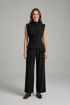 Women’s Two-Piece Set with Sleeveless Round Neck Top and Straight Leg Trousers