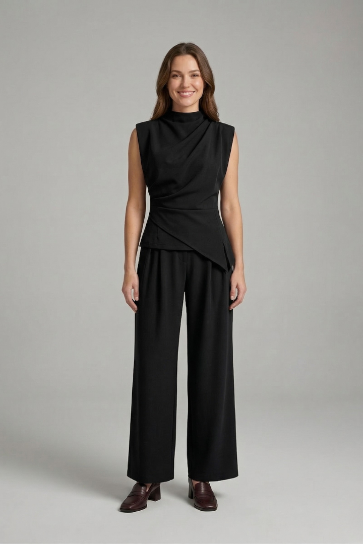 Women’s Two-Piece Set with Sleeveless Round Neck Top and Straight Leg Trousers