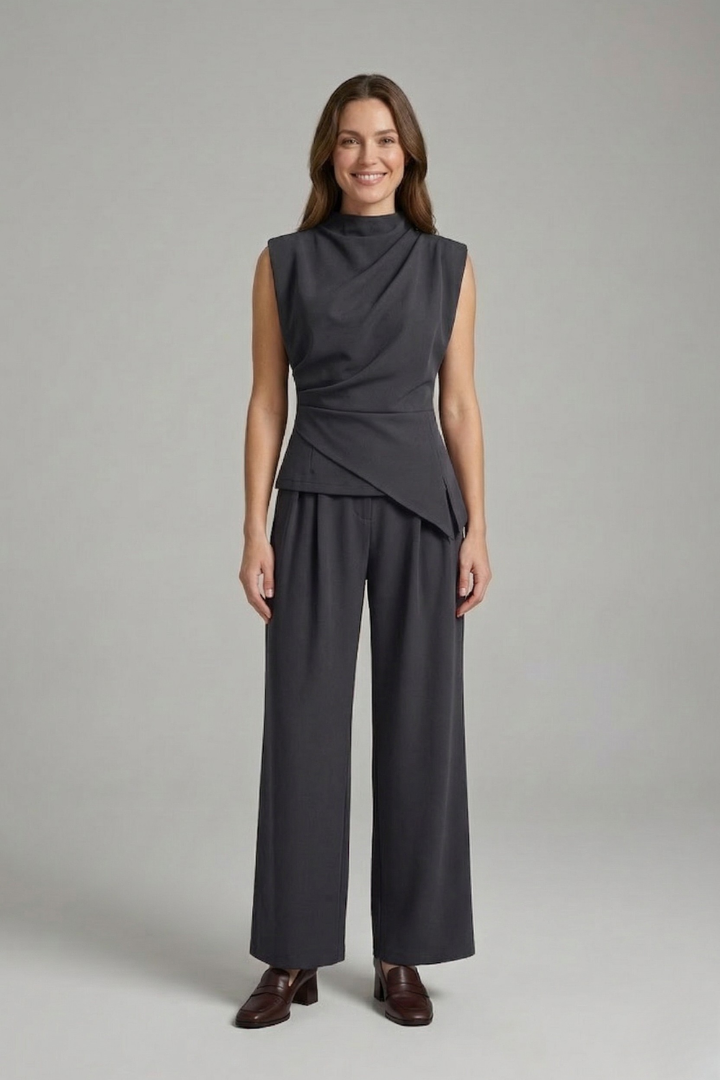Women’s Two-Piece Set with Sleeveless Round Neck Top and Straight Leg Trousers