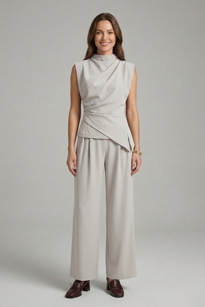 Women’s Two-Piece Set with Sleeveless Round Neck Top and Straight Leg Trousers